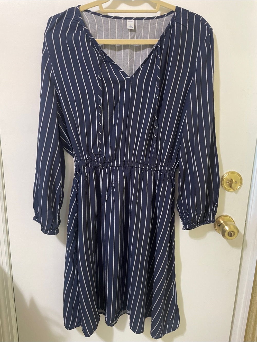 Old Navy Navy and White Striped V-Neck Long Sleeve Dress -L